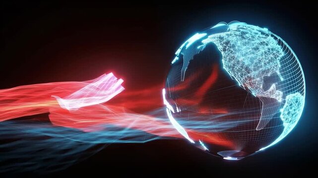 Digital globe with glowing continents is enveloped by swirling streams of red and blue light. ..Created with Generative AI, not depicting real subjects.