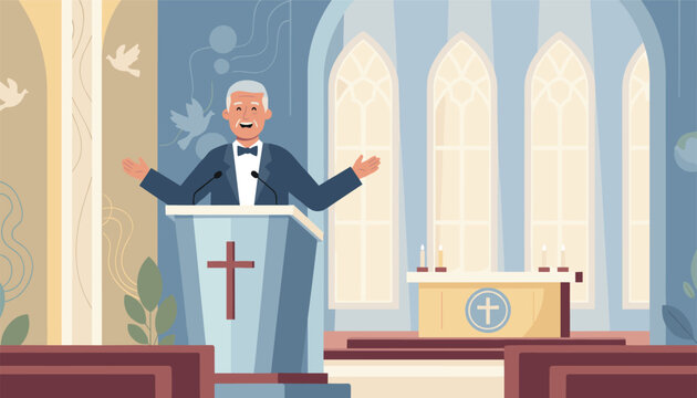 Senior pastor preaching with open hands from a wooden pulpit inside a beautifully lit church with tall arched windows.