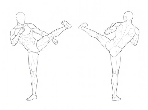 Two Male Martial Artists Executing Mirrored Horizontal Side Kicks With Fully Extended Legs in a Dynamic Combat Pose