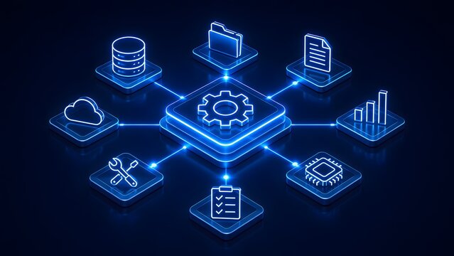 Glowing Blue Central Gear Icon Connected to Digital Workflow Icons on Dark Background Software Configuration and Cloud Computing Automation Concept 3D Render