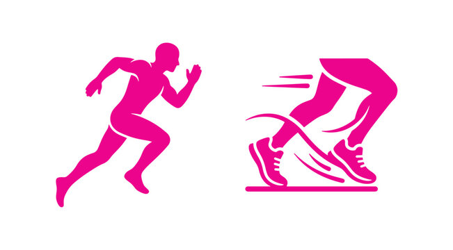 Pink running person and speedy legs graphic vector icon set on white background with runner silhouette speed motion athletic sign running shoes