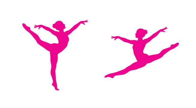 Pink female ballet dancer silhouettes showing grace and leap poses on white background with pink silhouette graceful pose dance icon ballerina vect