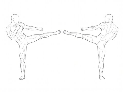 Two Male Martial Artists Practicing Matching Extended Side Kicks With Straight Legs and Symmetrical Combat Form