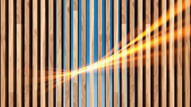 Wooden slats arranged vertically with glowing orange light beam passing through gaps against blue background