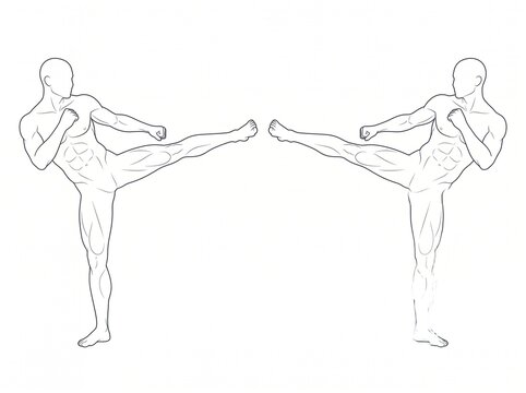 Two Athletic Male Fighters Performing High Extended Side Kicks With Matching Leg Positions in a Symmetrical Martial Arts Illustration