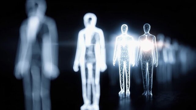 Glowing human outlines arranged in a luminous procession, suggesting advanced technology and digital consciousness. ..Created with Generative AI, not depicting real subjects.