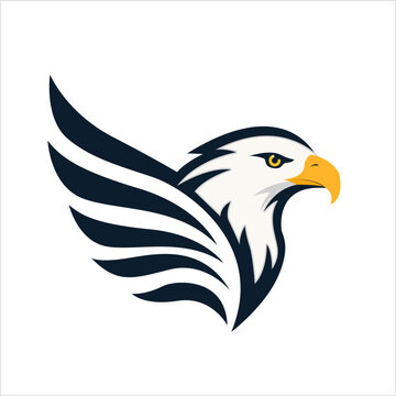 Minimalist bald eagle head emblem design with stylized wing isolated on white