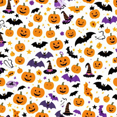 Fototapeta premium Halloween seamless pattern with pumpkins bats and witch hats background illustration
