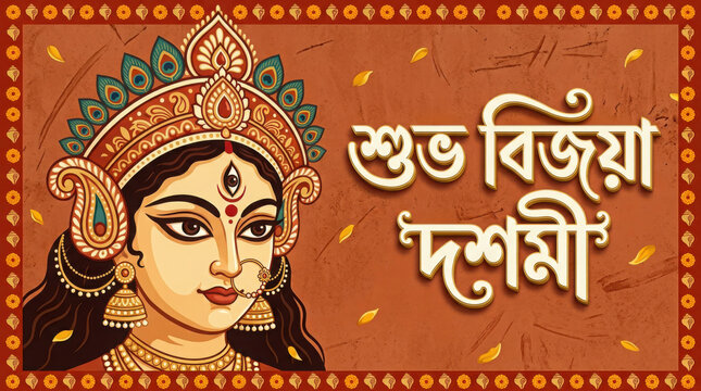 Shubh bijoya dashami greeting banner with of hindu goddess durga face and text generated using ai