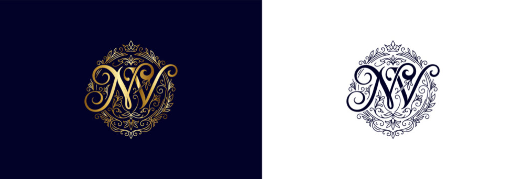 Ornate NV monogram emblem logo in gold and navy blue color for luxury.