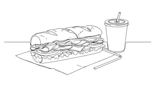 Minimalist continuous line drawing of a sub sandwich and soda cup. Fast food lunch meal vector illustration. Deli baguette and drink outline.