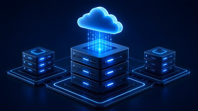 Futuristic 3D isometric cloud computing infrastructure with glowing neon servers illustrating digital data storage and web hosting network center