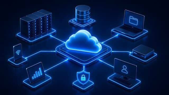 3D isometric cloud computing ecosystem connecting multiple devices smartphone laptop server database and security shield via glowing neon network