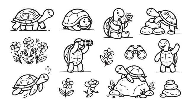 Cute turtle line art collection, 15 cartoon tortoise character icons. Black and white turtle coloring book set for kids education.