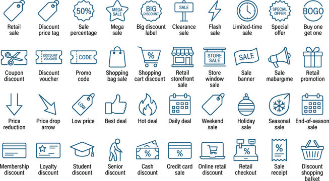  Discount and shopping sale line icons set featuring price tag percentage coupon code clearance retail deal promo symbols