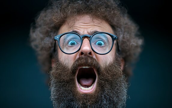 A bearded man wearing large glasses with a shocked expression, symbolizing surprise and humor