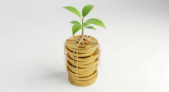 Sprout growing from stack of gold coins