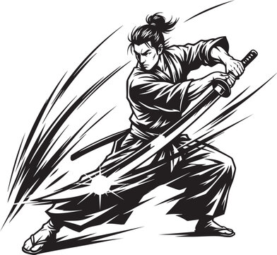 Japanese samurai warrior in traditional clothing drawing sword with dynamic action lines in black and white vector style