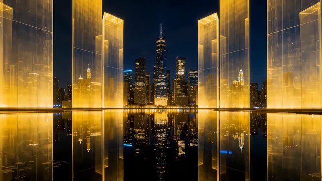 Chicago skyline at dusk with reflective water and illuminated vertical structures framing the cityscape