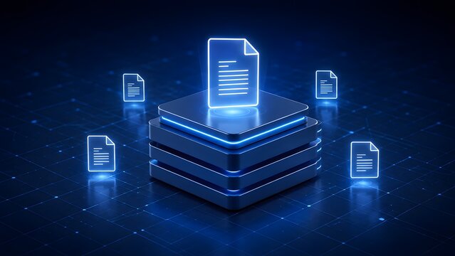 3D isometric server database with floating glowing neon digital document icons illustrating centralized file storage and data management