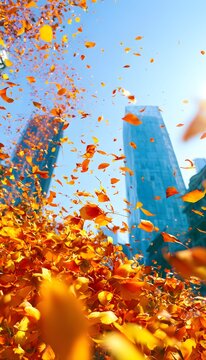 Vibrant orange and yellow flower petals exploding against a clear blue sky near modern city buildings