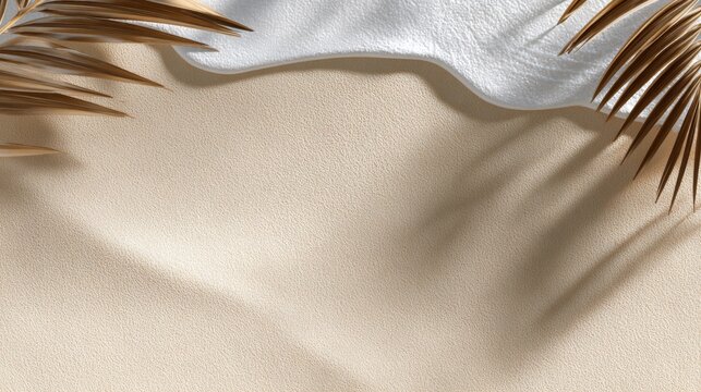 Golden palm leaves and white textile over textured beige sand surface leaf