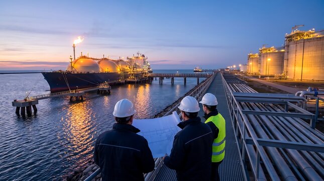Industrial engineers reviewing blueprints at liquefied natural gas terminal during sunset with large cargo vessel docked at port facility for fuel transfer operations and storage tanks nearby