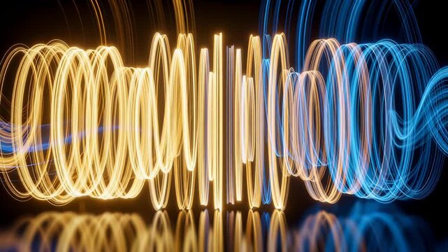 Abstract light trails in blue and gold forming dynamic wave patterns on reflective surface