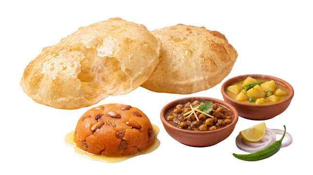 Traditional Chole Bhature with Suji Halwa, spicy chickpea curry with fried bread, authentic Indian breakfast platter with aloo sabzi isolated PNG with Transparent Background