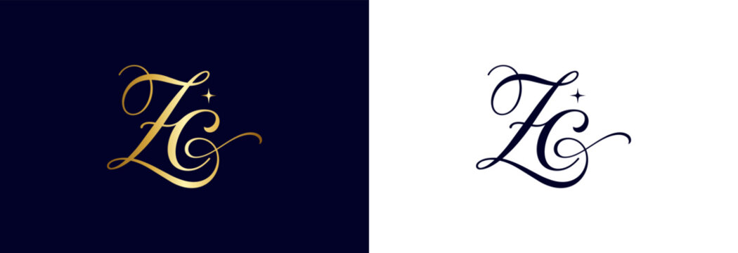 Letter zc monogram logo vector featuring script curves in gold and black.