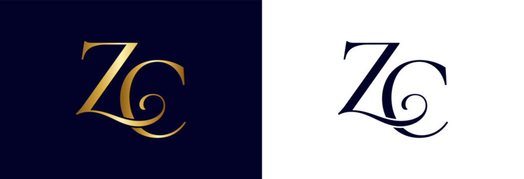 Classic serif zc monogram logo vector with spiral curl in luxury gold style.
