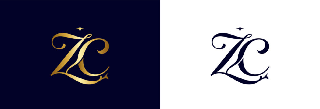 Royal zc initials monogram logo vector with botanical flourish in gold tone.