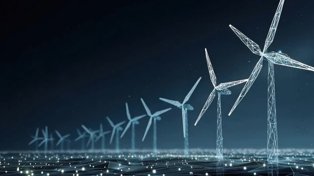 A row of modern wind turbines illuminates the night sky, showcasing a futuristic vision of clean energy generation and sustainable technology. Created with Generative AI, not depicting real subjects.