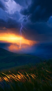 Dramatic sunset over a rolling valley with lightning striking through a stormy indigo skyscape