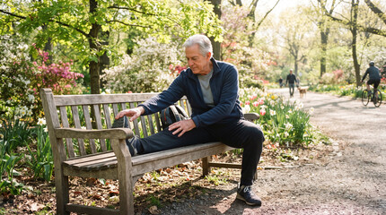 Obraz premium Elderly man stretching on a park bench amidst blooming flowers