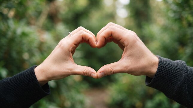 Couple's hands forming a heart shape with engagement ring