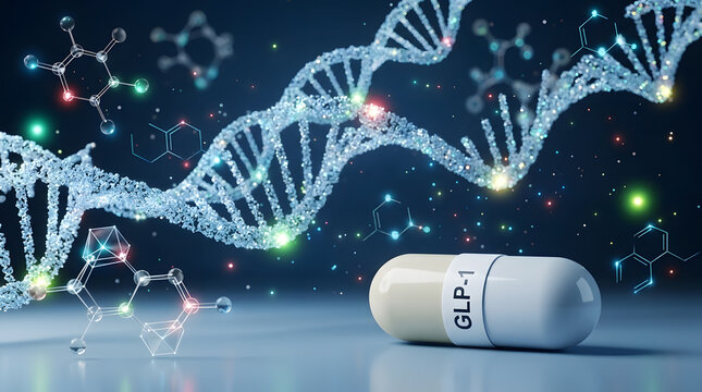 GLP-1 Weight Loss Capsule with Glowing DNA Strand and Chemical Structures | GLP-1 Receptor Agonist Molecule Concept | Medical Biotechnology Research