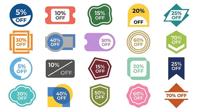 Set of colorful discount stickers and price tags for retail sales and marketing promotions.