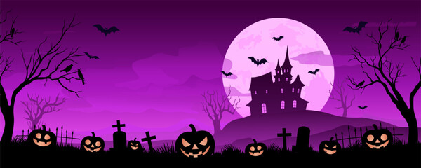 Fototapeta na wymiar Halloween background in purple tones. Spooky graveyard with pumpkins, trees, and a sinister house on a hill, with bats circling against the backdrop of a full moon. Halloween vector illustration.
