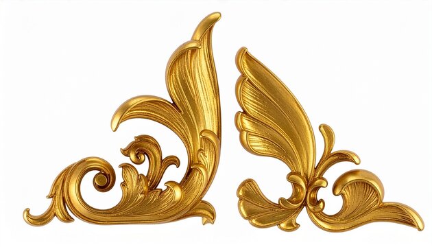 Golden baroque pair corner ornament elements isolated on clean white background.