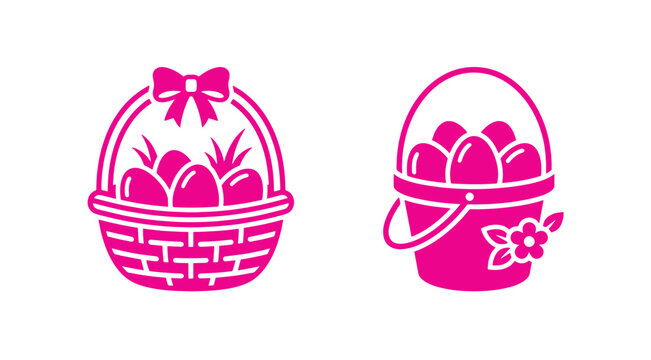 Pink easter baskets vector icon set decorated with ribbons and flowers filled with eggs easter basket egg basket holiday basket spring holiday