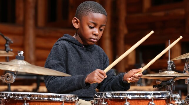 A young boy is focused on playing a drum set, holding drumsticks, and concentrating as he enjoys his musical instrument