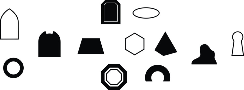 Collection of assorted geometric shapes and silhouettes in black and white