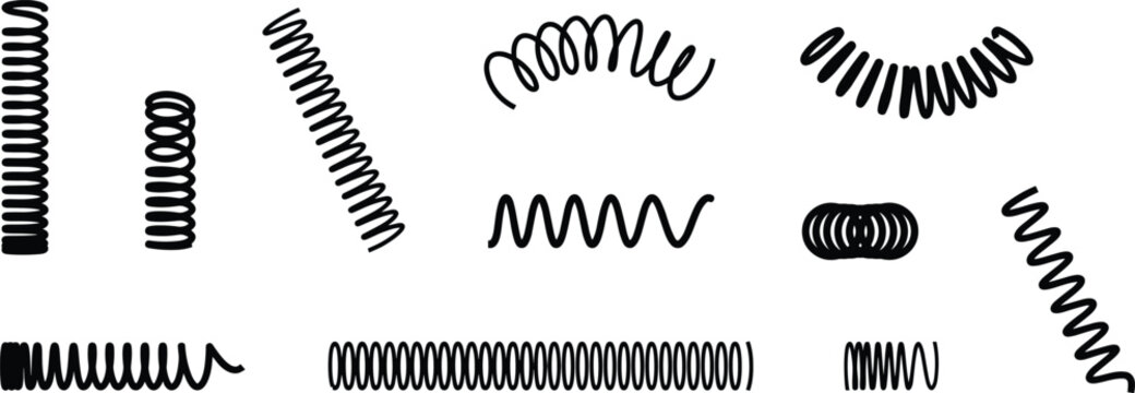 Collection of black helical spring shapes and coiled wire