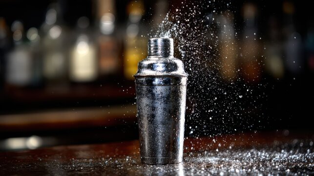 Cocktail shaker mid-shake, A cocktail shaker in motion, mid-shake, with liquid visibly swirling inside