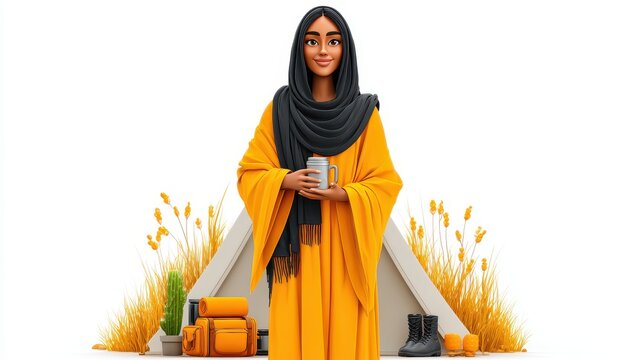 Smiling modestly dressed woman holding a mug while camping, complete with a tent, cactus, and camping gear, reflecting outdoor adventure and peaceful retreat
