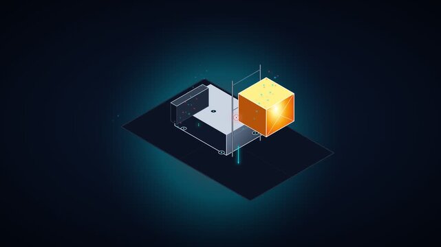 Futuristic isometric graphic of a glowing yellow cube interacting with digital hardware components