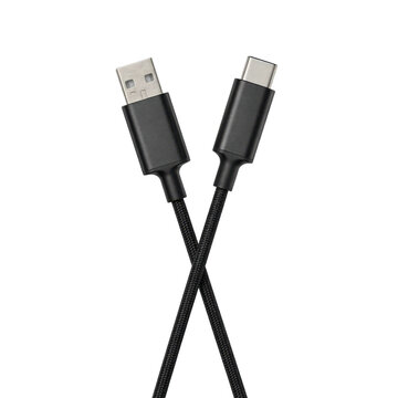 Black braided usb type-c to usb-a charging cable connector ends isolated on a transparent background
