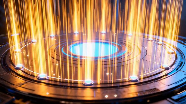 Futuristic circular platform with blue center and glowing vertical energy beams shifting from blue to golden