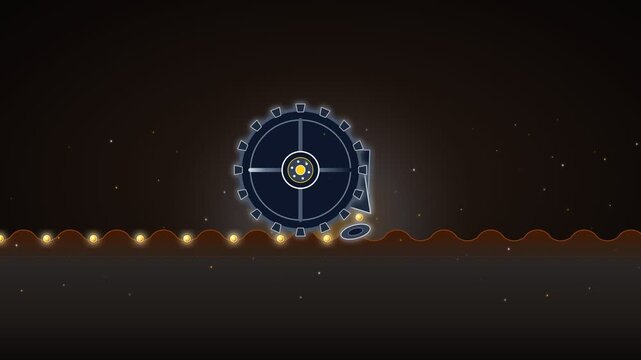 Abstract mechanical gear rolling along a glowing path in dark space